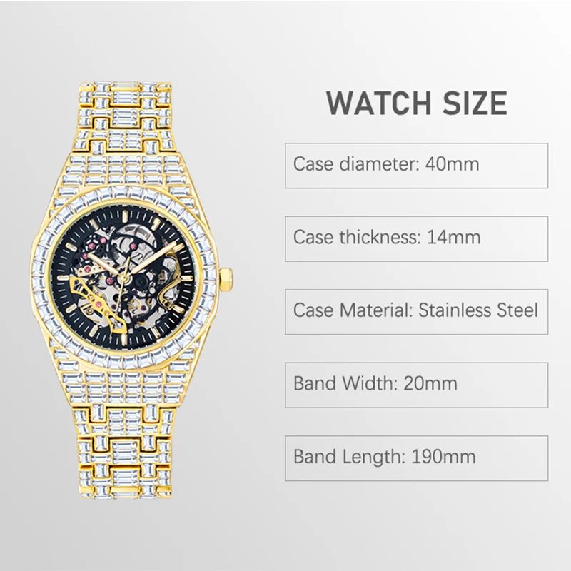 Mechanical Mens Watches MISSFOX Brand Luxury Iced Out Stainless Steel Automatic Luminous Watch For Men Jewelry Relógio masculino