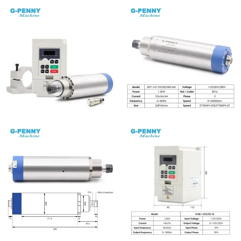 Hot Sale G-PENNY 1.5kw ER16 D65mm 400Hz Air Cooled Spindle 4pcs Bearings 24000rpm with QL 1.5KW Inverter, 65mm Bracket