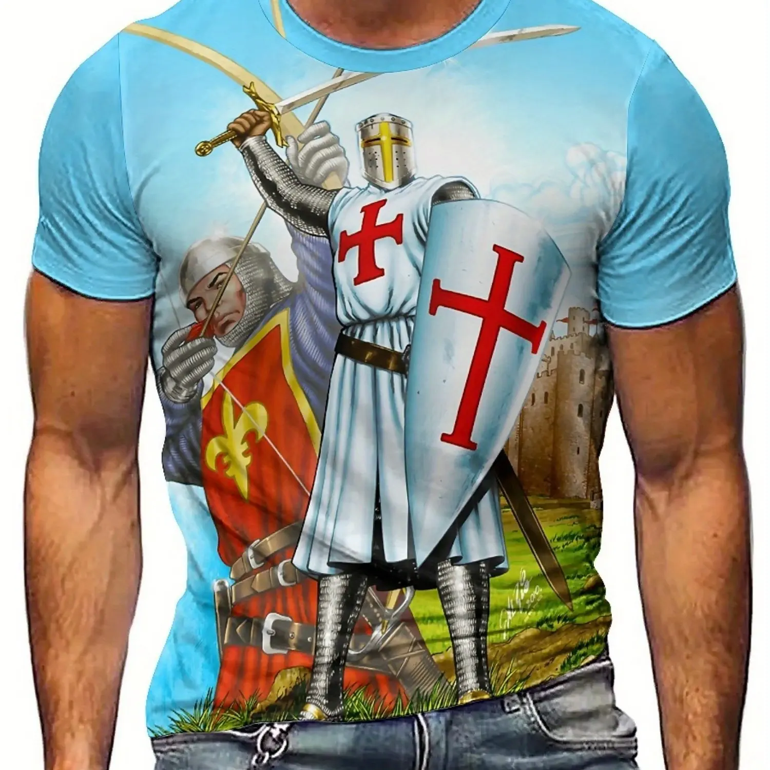 تي شيرت رجالي بتصميم فارس للزوجين مطبوع ثلاثي الأبعاد لكامل الجسم - قماش خفيف الوزن وجيد التهوية لصالة الألعاب الرياضية والجري