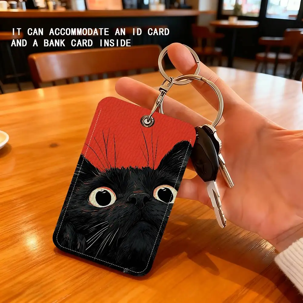 Black Cat Pattern Keyring Leather Access Card Holder Keychain Community Proximity Card Protective Case