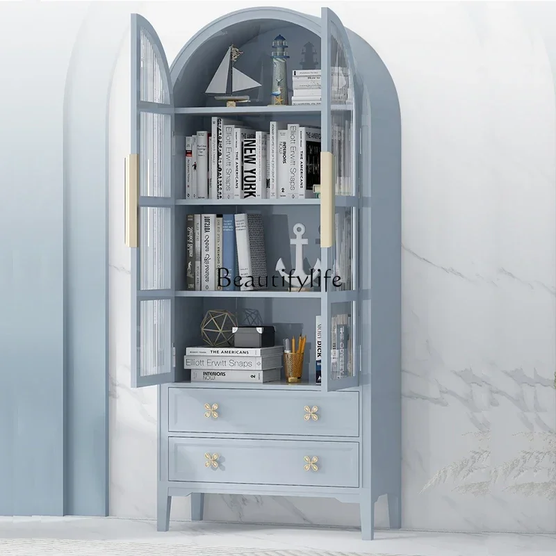 

Solid wood bookcase with Changhong glass door retro arched decorative wine cabinetL