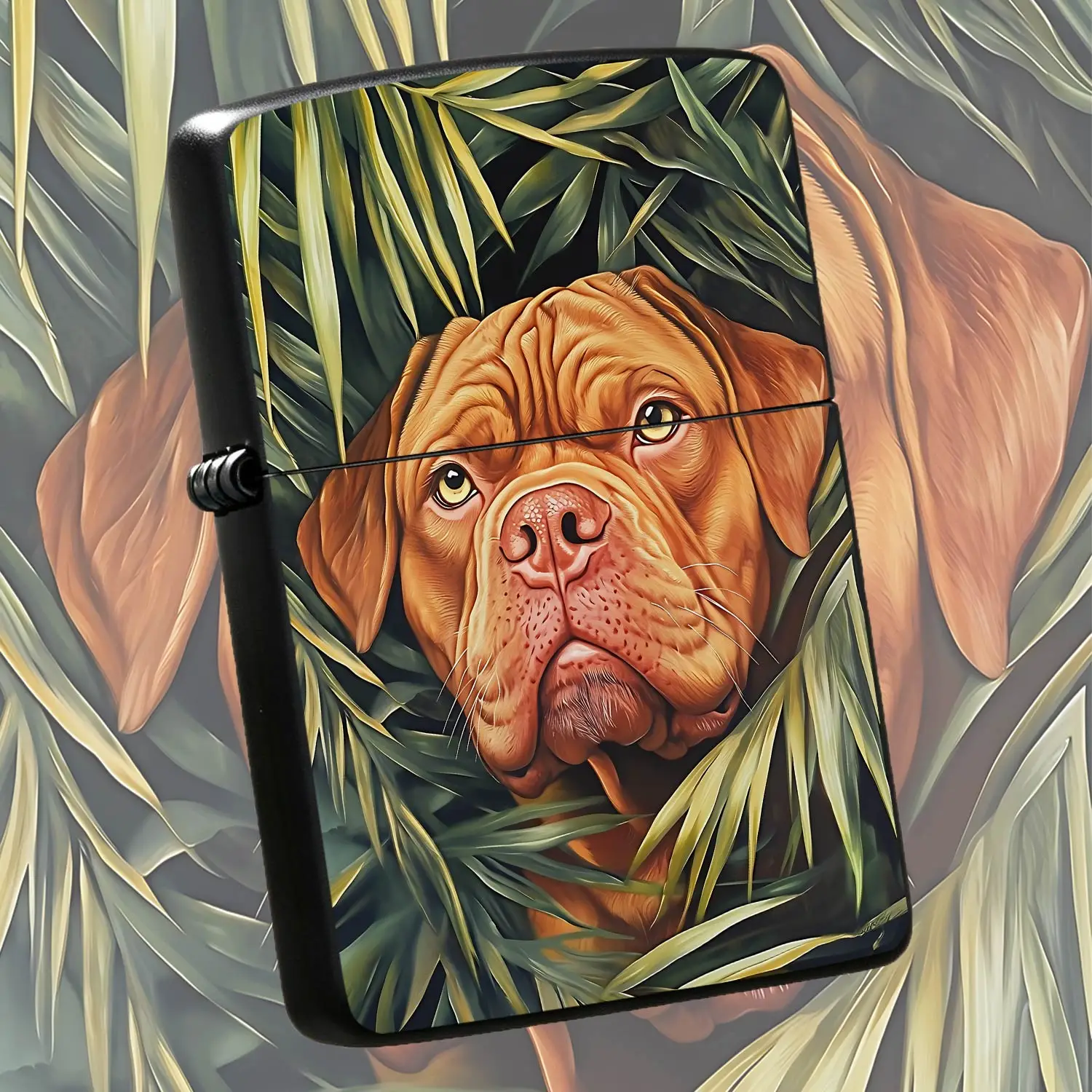 Stylish Palm Leaf Surrounded Dogue de Bordeaux Art Lighter, Exquisite Pet-themed Portable Ignition Accessory, Ideal for Daily Use Outdoor Camping Home Display, Unique Thoughtful Gift for Dog Lovers for Various Occasions A Humorous And Inter
