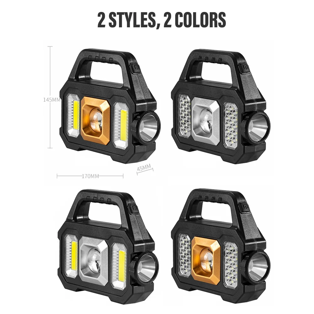 Solar Rechargeable Flashlights Camping Work Light Multi Functional Portable Light Waterproof COB LED 6 Lighting Modes