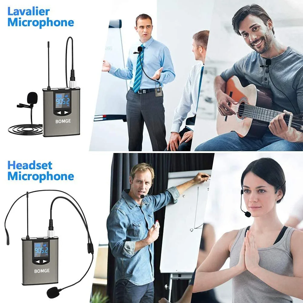 BOMGE Dual Wireless Microphone System Headset Mic/Stand Mic/Lavalier Lapel Mic with Rechargeable Bodypack Transmitter & Receiver