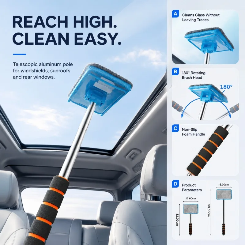 Retractable Auto Glass Cleaning Tool with Microfiber Cover 180° Rotating Head Non-Slip Handle for Car Windshield Sunroof Cleaner