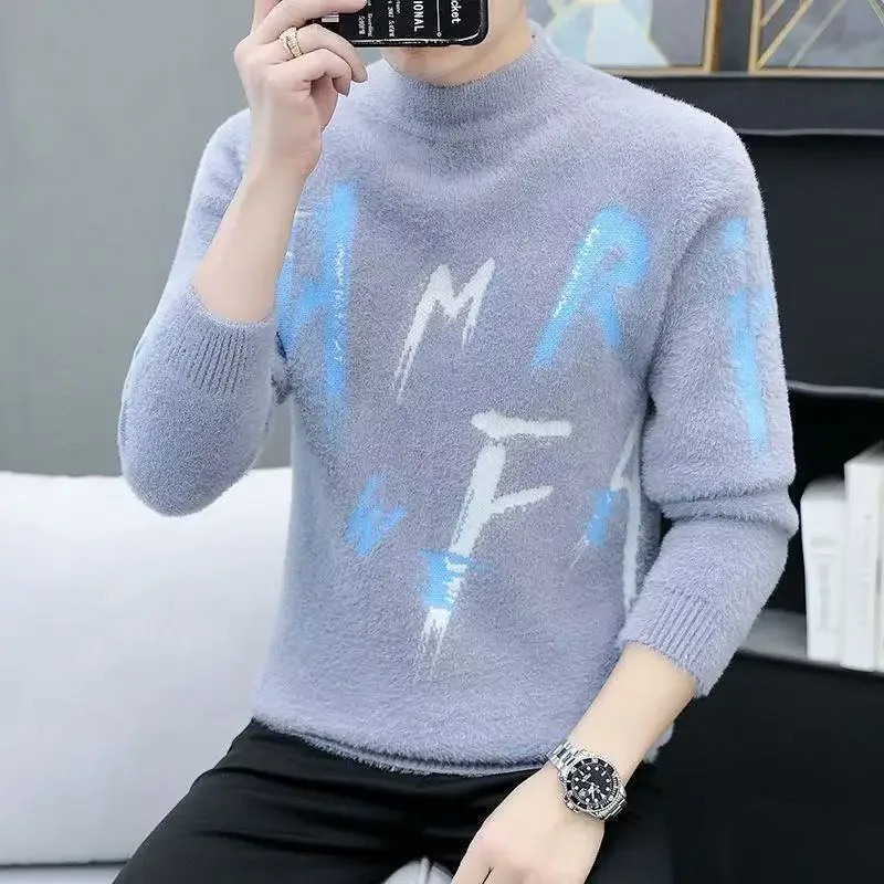 Fashion Men Thick High Collar Pullover Faux Fur Soft Warm Casual Autumn Winter New Arrival Knitted Sweater Knitwear