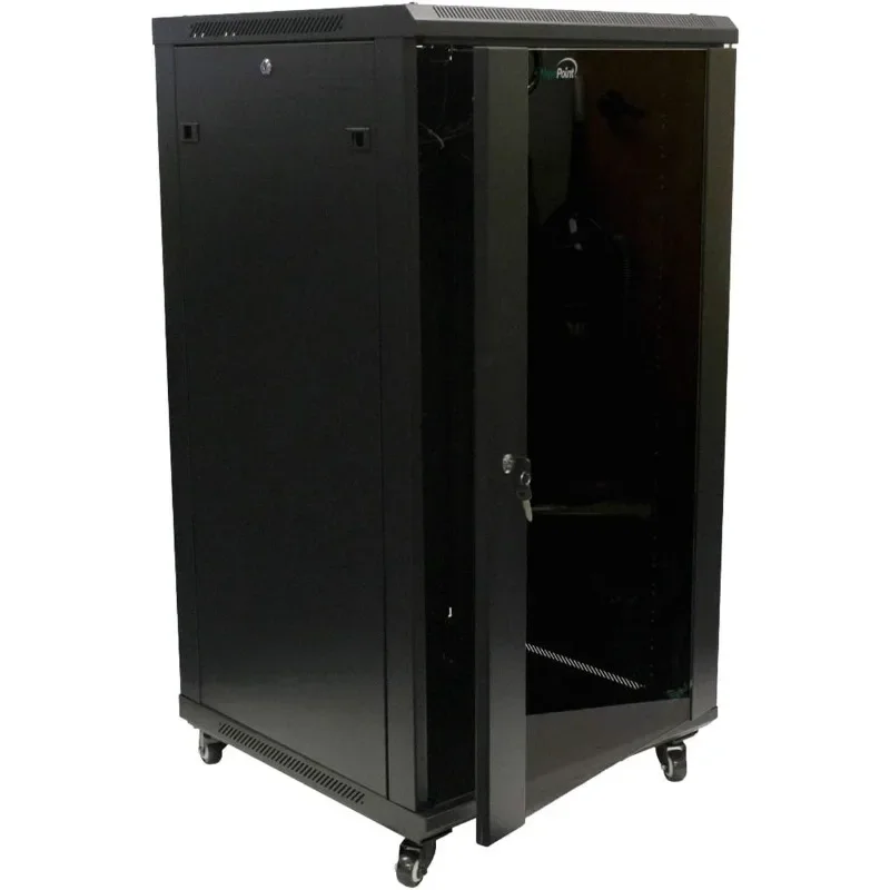 22U Server Cabinet Wall Mount Rack Enclosure with Casters, 2 Fans, Lockable Glass Door, Removable Side Panels