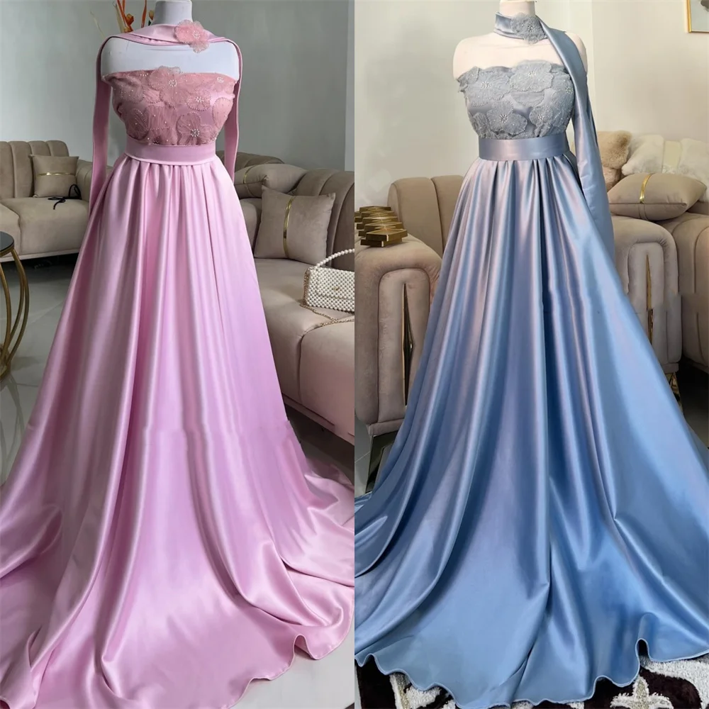

Customized Modern Style Exquisite Handmade Flower Beading Sash A-line Strapless Long Dresses Bespoke Occasion Dresses Elegant