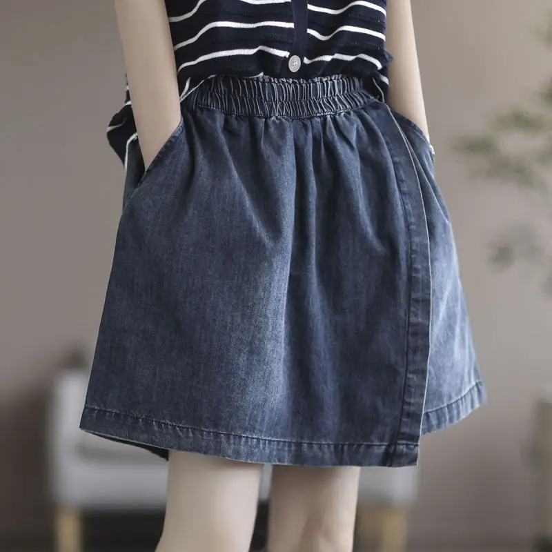 Women Summer Thin Simplicity Office Lady Solid Color High Waist Denim Shorts Women Clothes Casual All-match Appear Thin Wide Leg