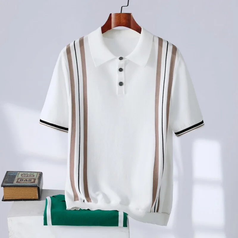 Summer Knitted Ice Hemp Silk Short Sleeve Polo Shirts Men Stripe Stitching Lapel T-shirt High End Casual Business POLOS Tee Tops
