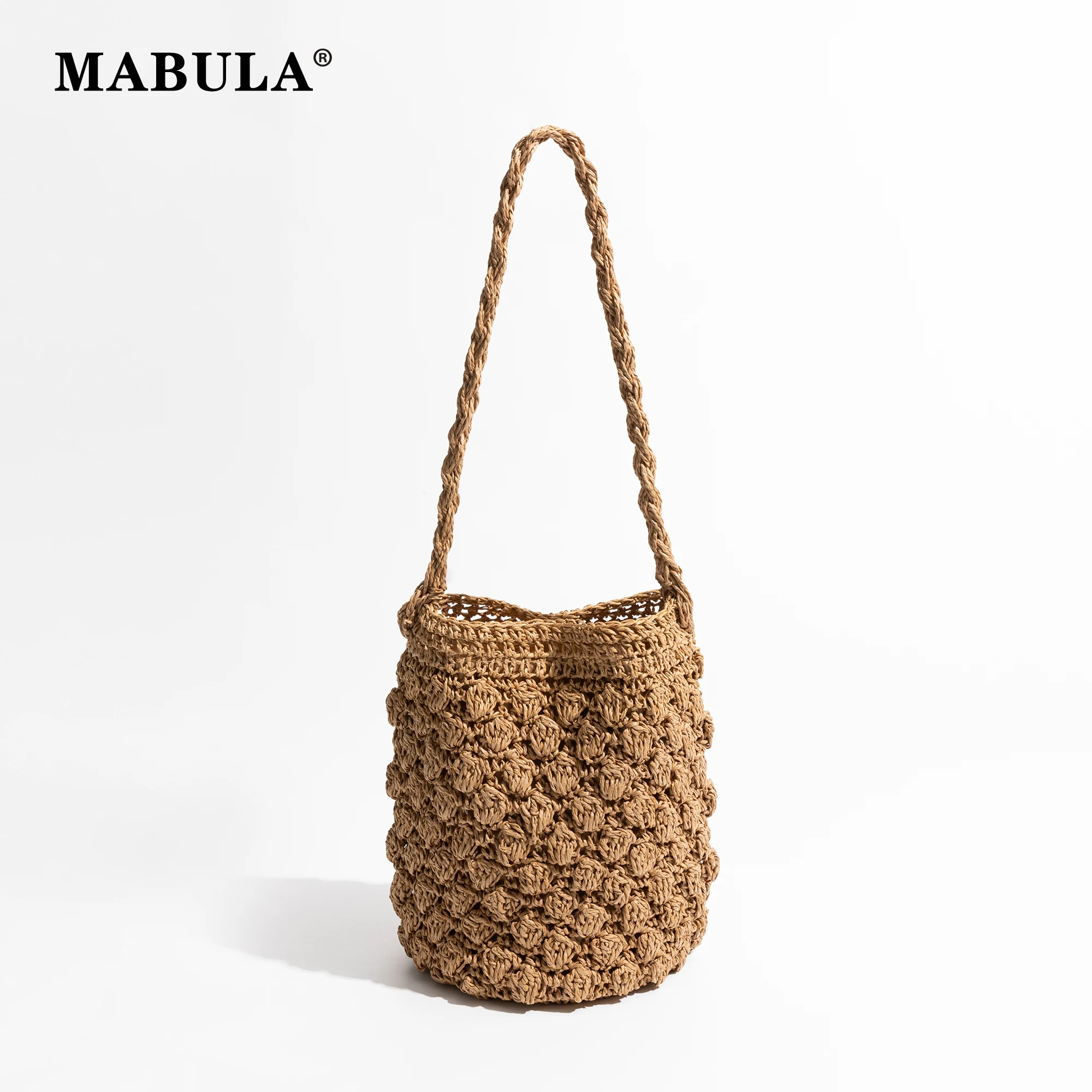 

MABULA Original Aesthetic Knit Beach Bucket Bag Designer Khaki Weave Straw Handbag Summer Rattan Crochet Shoulder Hobo Purse