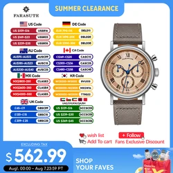 FARASUTE Men Automatic Watch Retro Chronograph Mechanical Watch Sapphire Stainless Steel Three Window Waterproof Peacock 4801
