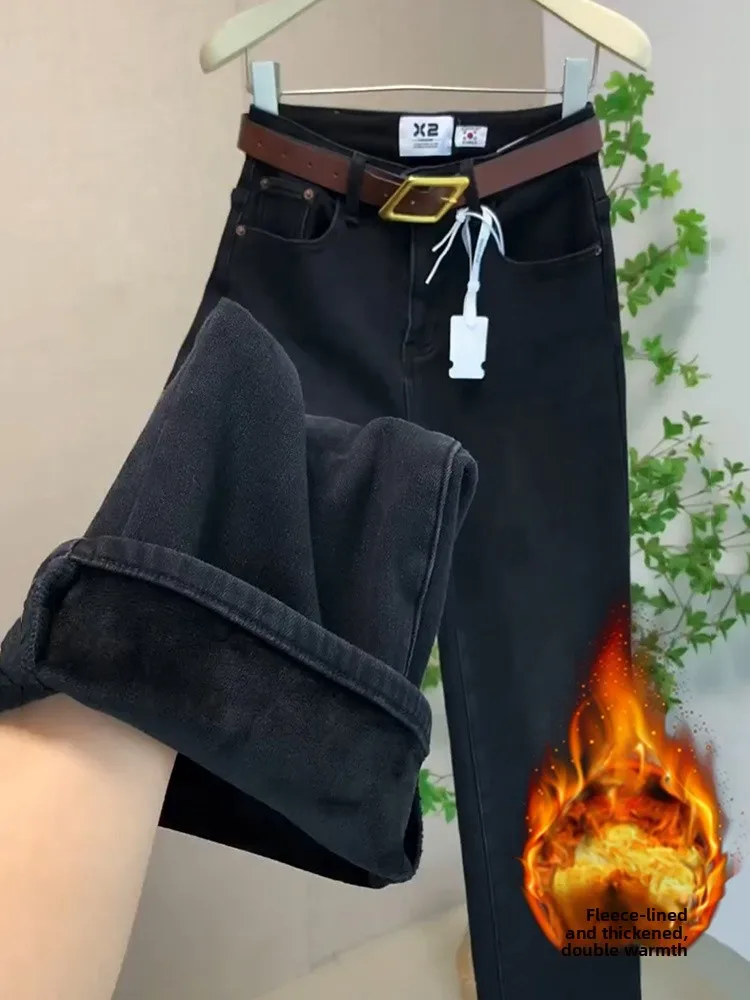 กางเกงยีนส์ทรงตรงขาตรงสำหรับผู้หญิง ฤดูใบไม้ร่วง ฤดูหนาว ไซส์ใหญ่ ผ้าหนา อุ่น ทรงสลิม ขากว้าง เอวสูง ปิดสะโพก