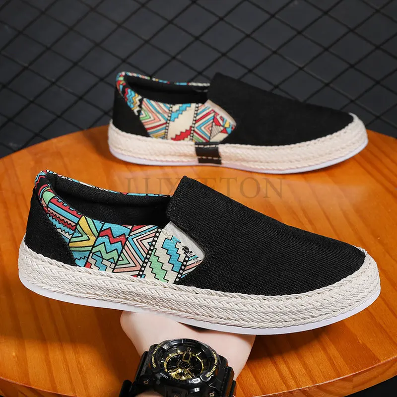 Men Canvas Shoes Ice Plush Warm Shoe Lazy Shoe Casual Shoes Slip-on Hemp Shoes Graffiti Espadrilles Men Footwear Flats