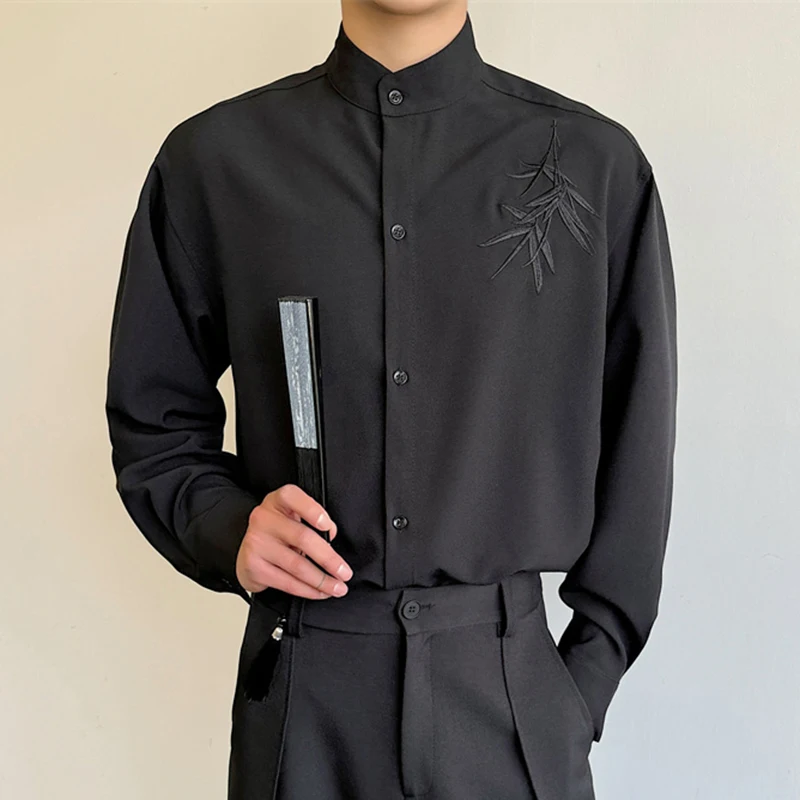 IEFB New Chinese Style Stand Collar Embroidered Drape Shirt Solid Color Male Long Sleeve Top Autumn Stylish Male Clothing 9C7187