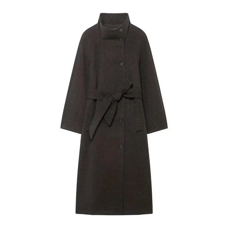 معطف نسائي 2025 خريف وشتاء نمط جديد بلون سادة وأكمام طويلة وياقة واقفة وحزام معطف فضفاض دافئ أنيق وغير رسمي #4