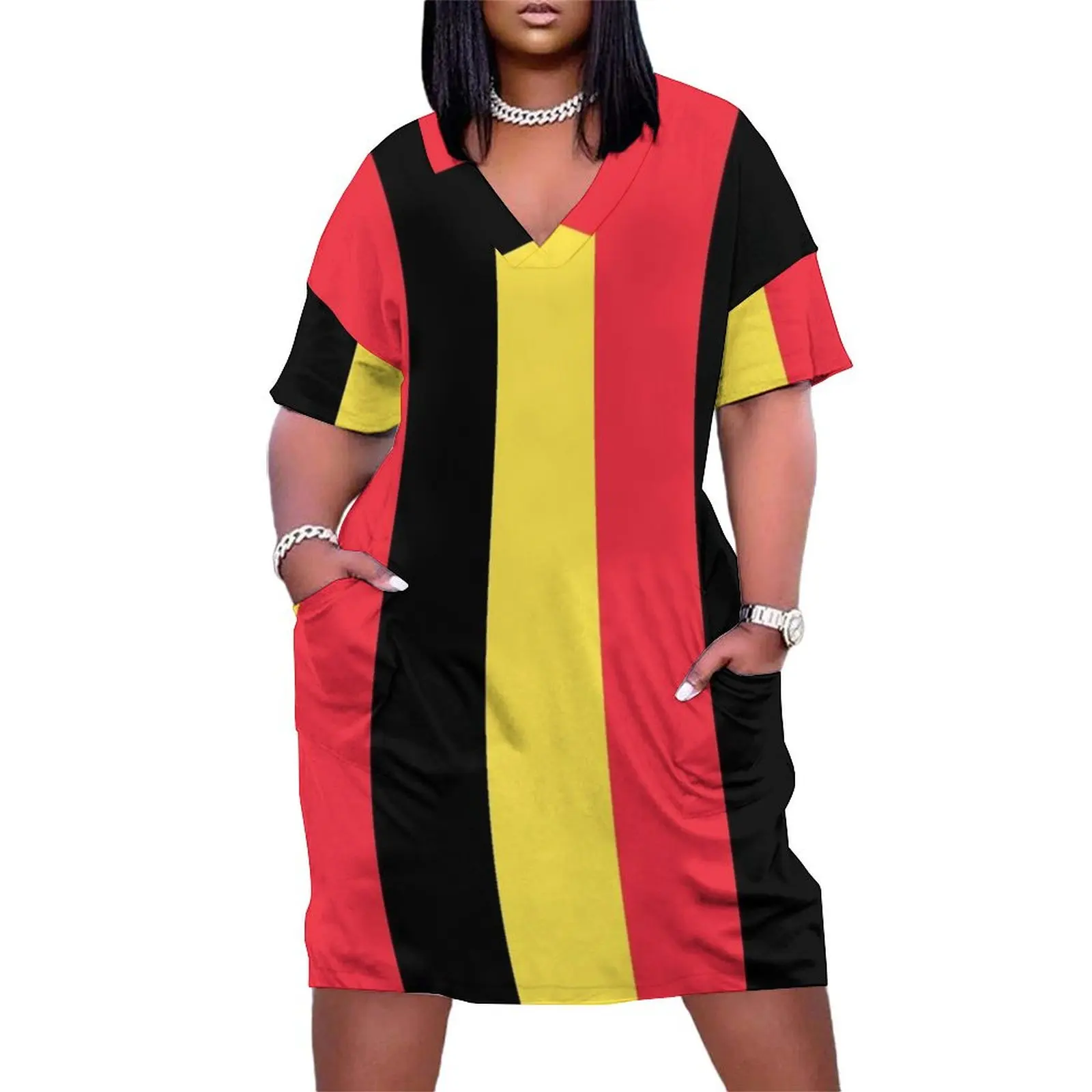 Belgium Flag Loose Pocket Dress elegant dress women's clothing korea stylish