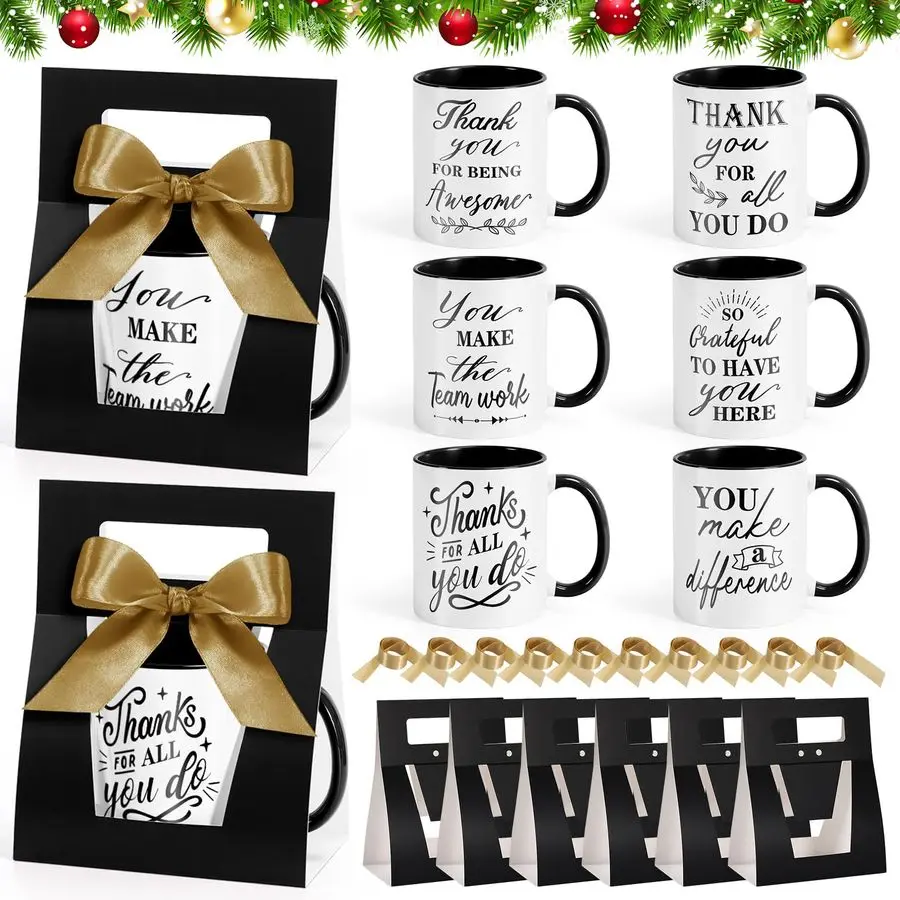 

12 Sets Christmas Employee Appreciation Gifts 12 oz Thank You Mug with Mug Boxes Ribbon Inspirational Appreciation Ceramic Coffe