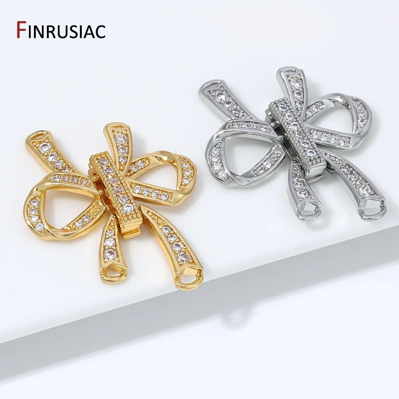18K Gold Plated Brass Hollow Ribbon Bow Connector Clasps,2 Holes Zircon Fastener Slide Lock for DIY Jewelry Making Accessories