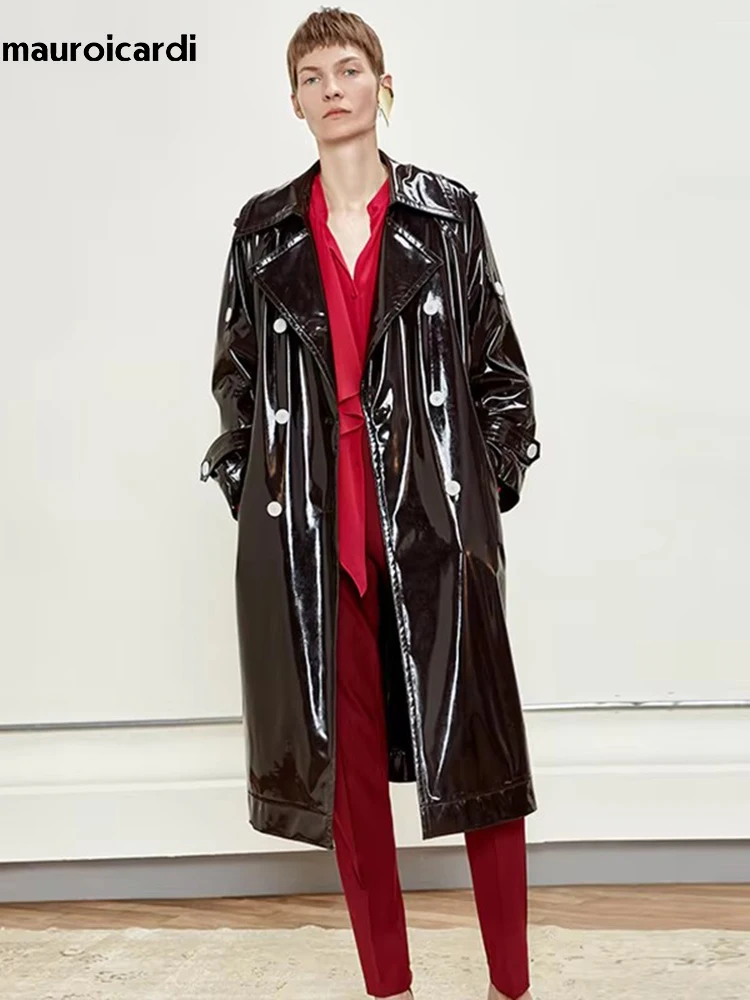 Mauroicardi Spring Black Long Soft Thin Waterproof Flowy Shiny Reflective PVC Faux Leather Trench Coat for Women Y2K Streetwear