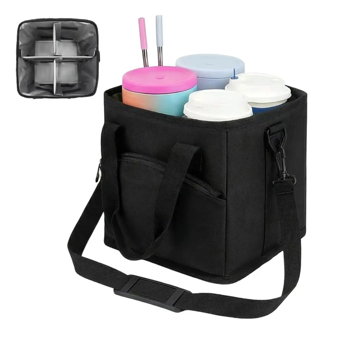 4 Compartment Drink Bag, Multiple Tumbler Holder with Adjustable Strap, Drink Tote Bag for Travel, Hiking