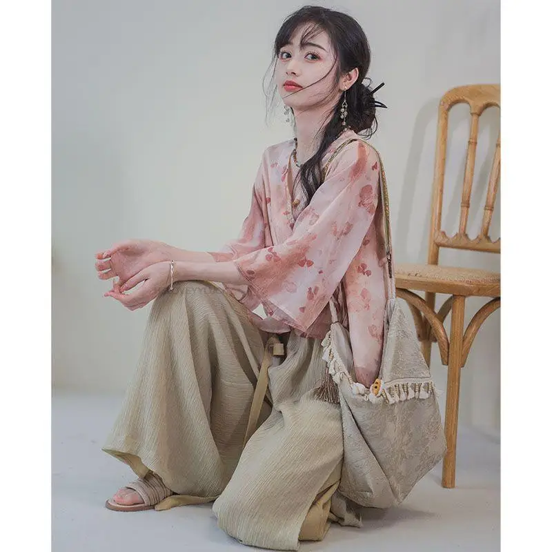 

Chinese Improved Hanfu Women Chiffon Hanfu Improved Daily Hanfu Women Graceful Casual Daily Kimono Style Hanfu Pants Set