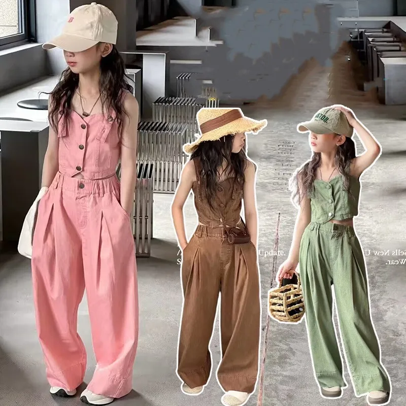 

Teen Girls Outfits Set Fashion 2023 New Children's Colorful Soft Cowboy Halter Vest Wide Leg Pants 2pcs Kids Suit 6 8 10 12 14Y