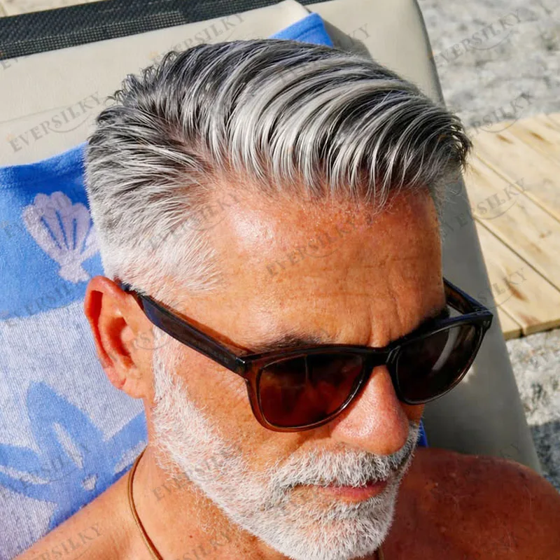 Undetectable Old Man Long Last Strong 0.12mm Skin Base Human Hair Brown Black Grey Wigs Replacement 1B40 1B50Hairloss Man Toupe