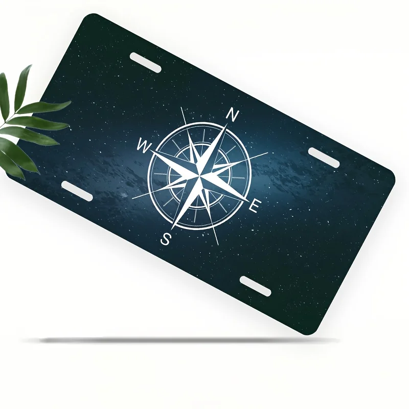 Starry Sky Compass Aluminum License Plate Frame - Unisex Decorative Front Frame, Black with White Navigation Symbol Design