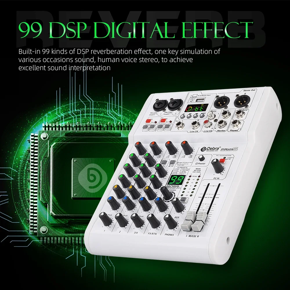 Best Seller Professional Debra PMX-6 6-Channel Mixer 99 DSP Effects Noise Cancelling Wireless Adjustable Voice Two-Person Sound