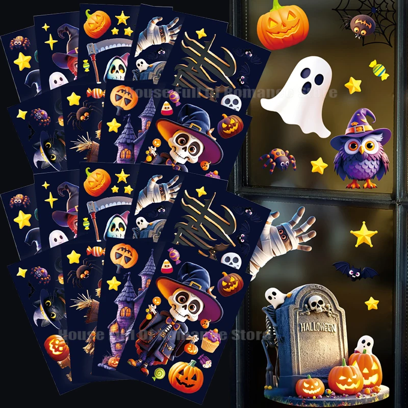 9pcs New Halloween Castle Bat Spiderweb Window Stickers for Living Room Double-Sided Static Cling Adhesive-Free and Removable