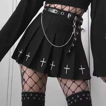 Cintura alta mini saias pretas gótico streetwear cruz impressão plissado saias femininas casual faculdade lolita harajuku saia