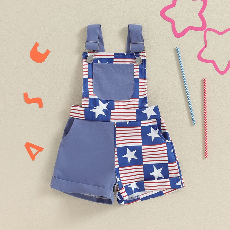 Toddler 4th of July Outfit Little Boy Girl American Flag Overalls Suspender Jumpsuit Shorts Patriotic Clothes