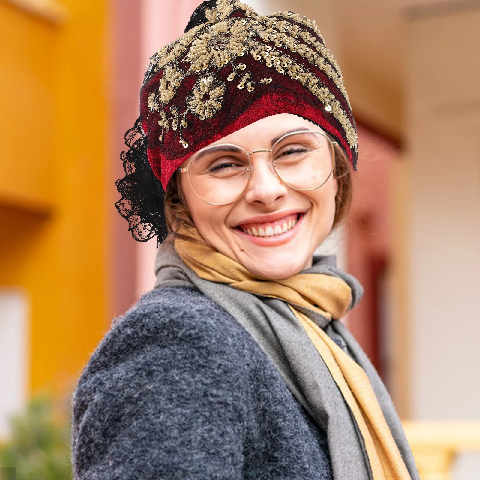 

Turban Hat Bead Flower Caps Women Big African Beanies Cloth Hair Wraps Breathable Conceals Gray Hair Large Decoration Ethnic