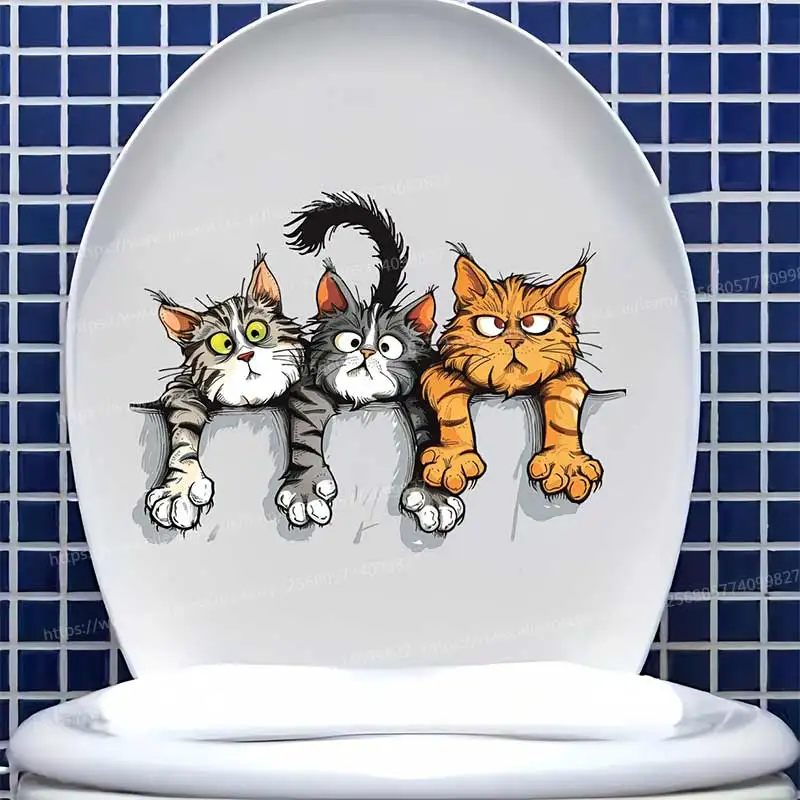 Three Funny Cats Wall Sticker Bathroom Toilet Decor Living Room Cabinet Refrigerator Home Decoration Waterproof Decals S629