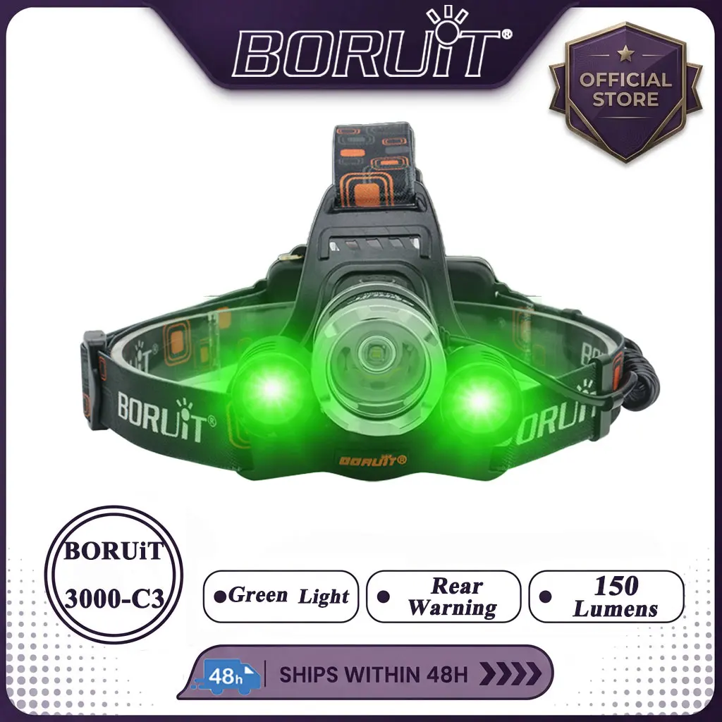 BORUiT RJ-3000 Green LED Headlamp 3000LM Powerful USB-Type-C Rehargeable Headlight Waterproof Camping Fishing Head Torch