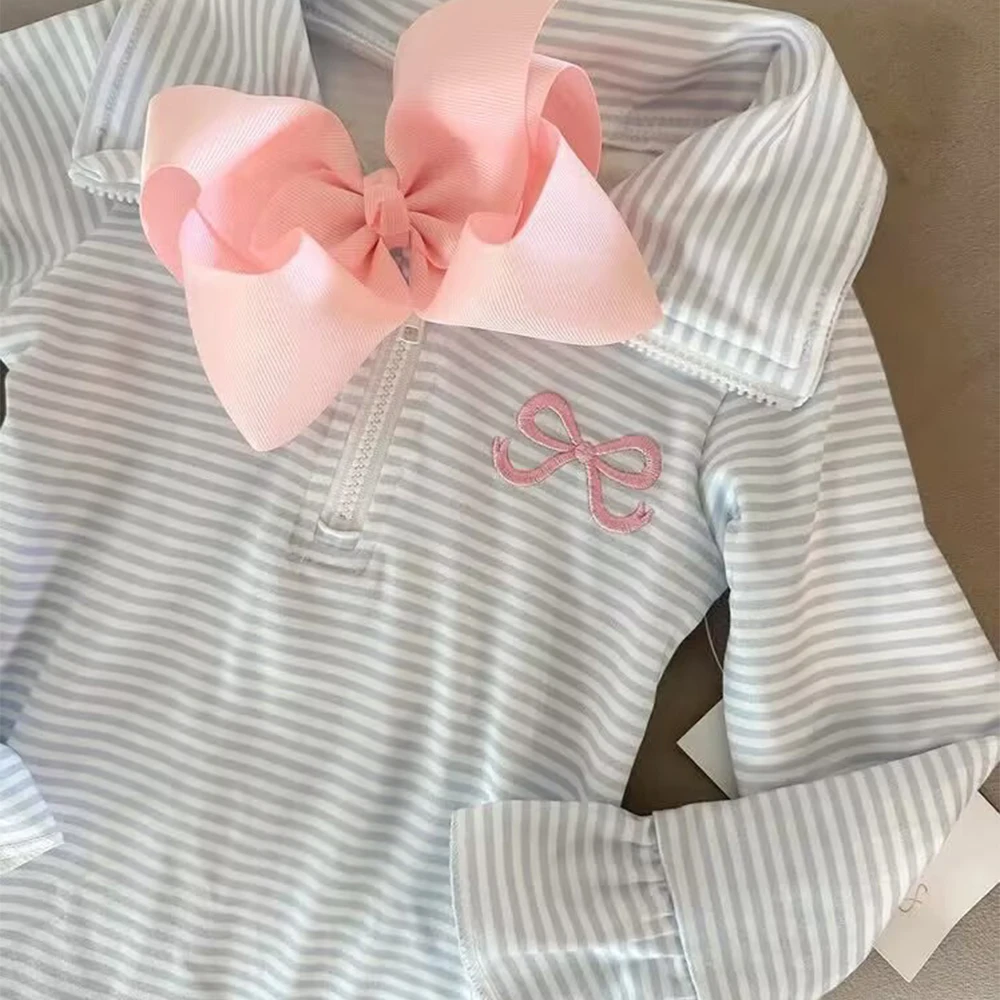Baby Girls Long Sleeve Zip Pullover Light Blue Stripe Bow Ruffle Top Comfortable Cotton Zipper Front Outfit for Little Ones