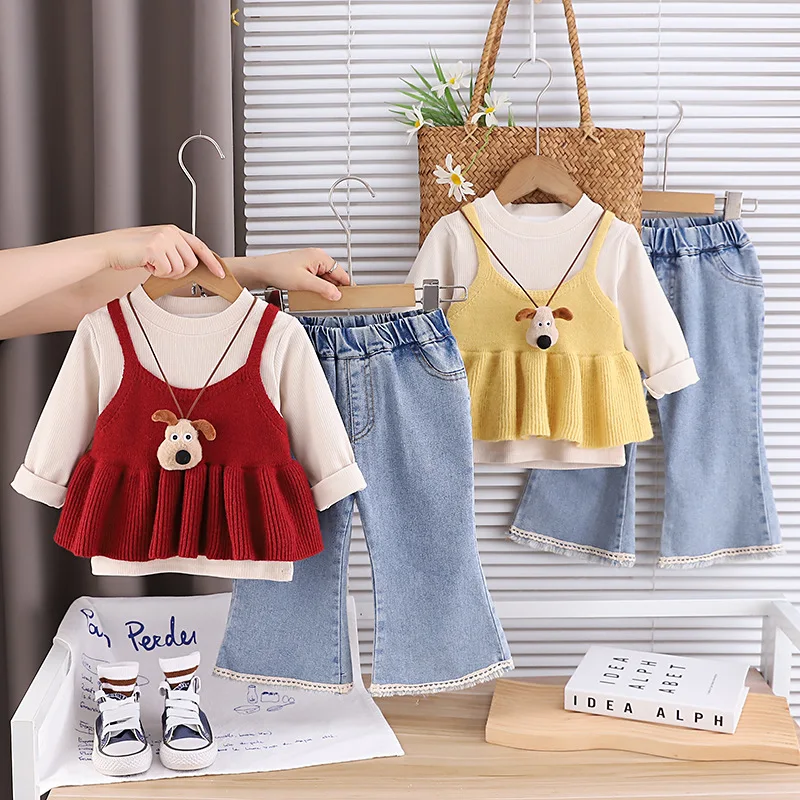 

Girls Clothes Sets Spring Autumn Children Knitted Dress Vest T-shirts Denim Pants 3pcs Fashion Suit For Baby Cute Outfits Kids 5