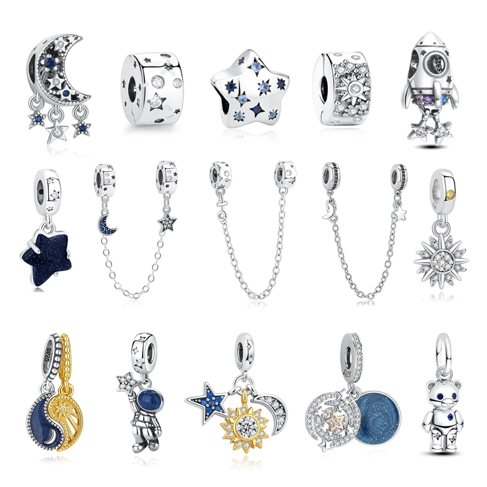 Neue Original-Charms aus 925er-Sterlingsilber, Stern, Mond, blaue Kristallglasperlen, passend für Markenarmbänder, Halsketten, Schmuck für Frauen