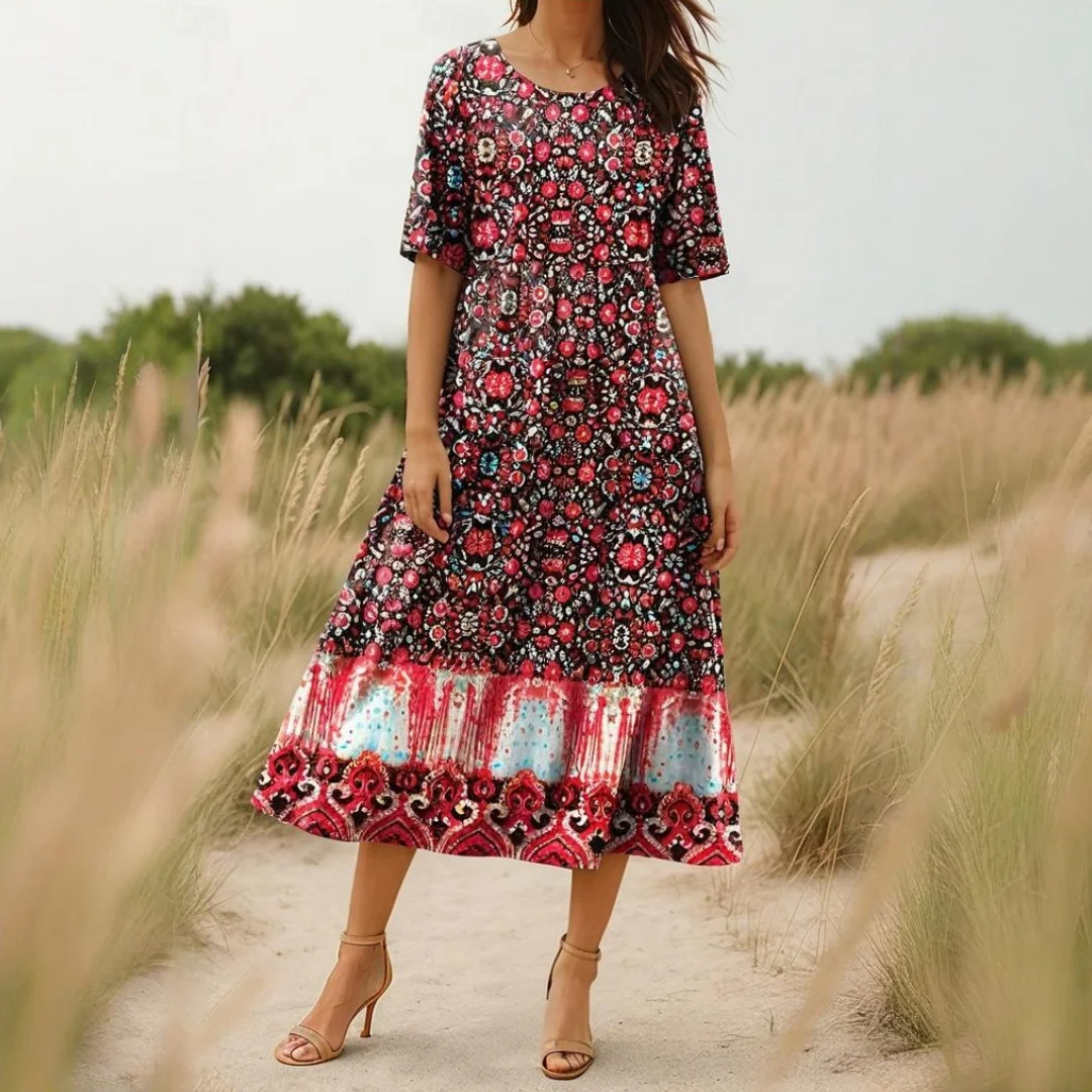 فستان نسائي برقبة دائرية على الطراز البوهيمي فستان صيفي للأماكن الخارجية بأكمام قصيرة ونمط هاراجوكو عتيق فساتين جديدة على شكل زهرة سحق
