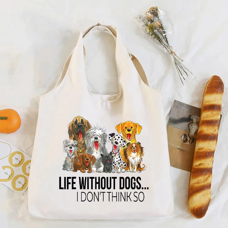 Dogs Make Me Happy Print Canvas Bag, Large Capacity Shoulder Bag, Eco Reusable Shopping Tote for Travel