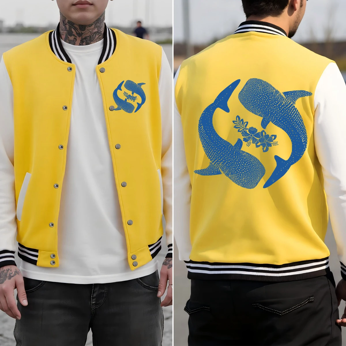 

Креативная мужская бейсбольная форма с цветочным принтом кита, хлопковая куртка с карманами, осенняя одежда больших размеров, красочный универсальный топ