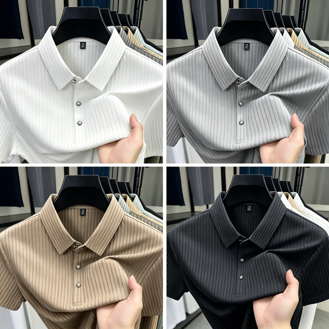 

Мужская летняя классическая футболка-поло — однотонная с вертикальными полосками в ретро-стиле, дышащая, приятная к телу, повседневная футболка для уличного стиля