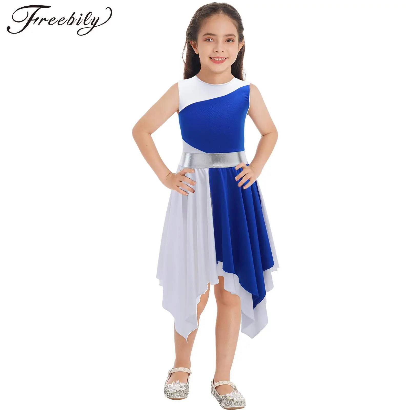 

Kids Girls Ballet Ballroom Lyrical Dance Dress Sleeveless Asymmetrical Contrast Color Dancewear for Prom Party Stage Performance