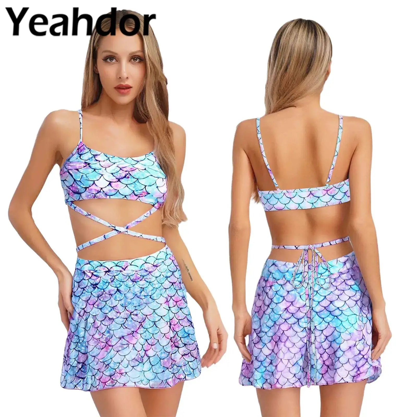 Womens 2 Pieces Swimsuit Girls Fish Scaled Mermaid Chest Pads Cross Straps Tankini Swim Tops and Mesh Skirt Set Bathing Suits