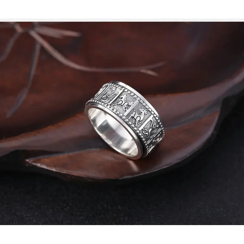 wholesale Chinese Twelve Life Jewelry 100% 925 Pure Silver Rotating Good Luck Ring for Men, Retro Thai Silver Trendy Punk Style