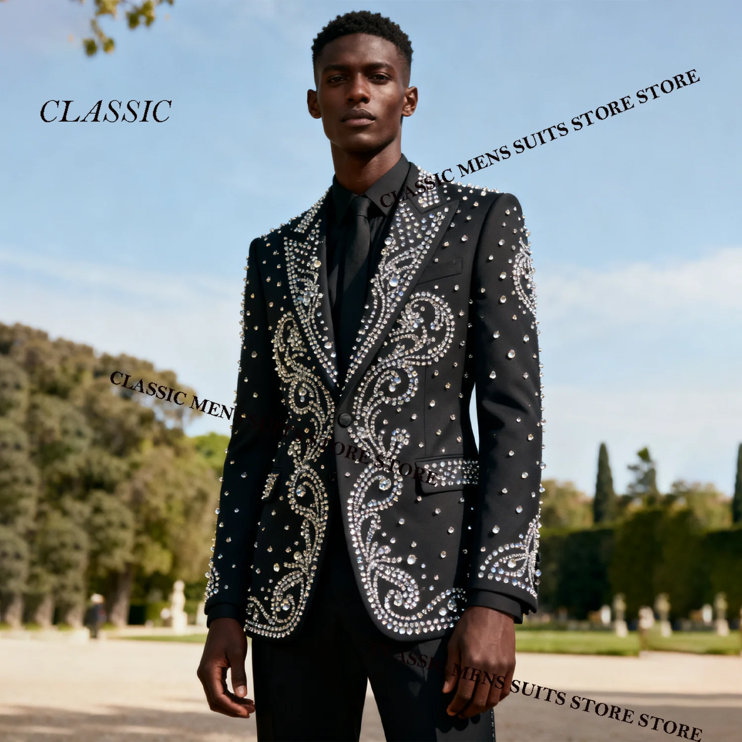 

Customized Coat Style Men Suit 2 Piece Sets Groom Male Blazers Luxury Rhinestone Beaded Peaked Lapel Ropa hombre Wedding Tuxedos