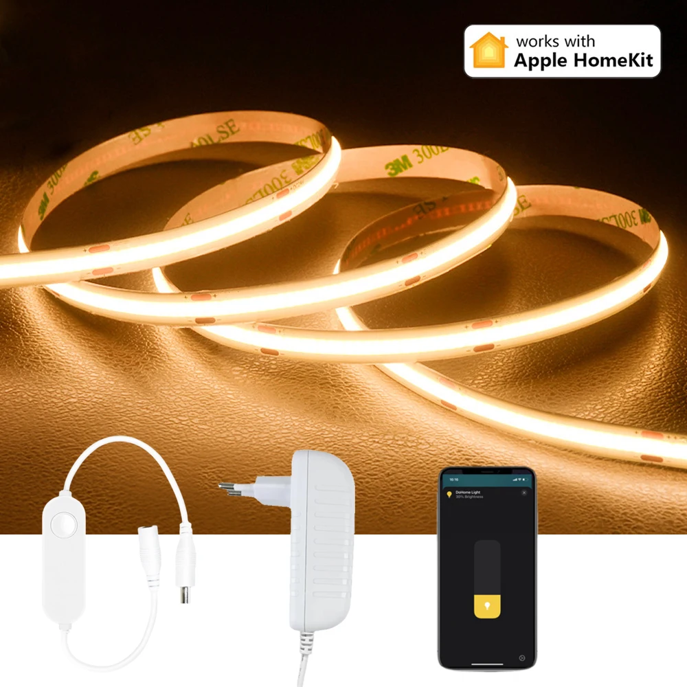 Homekit WiFi COB LED Strip 12V 1m 2m 3m 4m 5m Flexible Dimmable Room Light Band Warm White 3000K 4000K 6500K Siri Voice Control