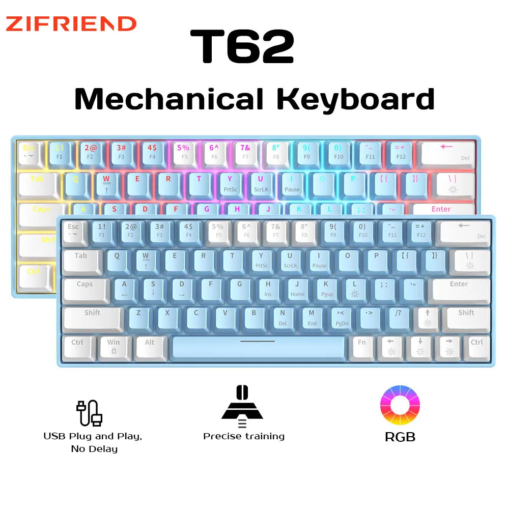 ZIFRIEND New T62 Mechanical Keyboard 63 Keys Hot Swappable RGB Rainbow Effect Blue Red Switches 25-Key Rollover Gaming Keyboard