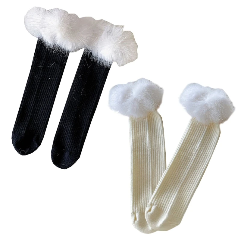 Japanese JK Girl Ribbed Knitted Sweet Calf Socks Women Winter Warm Furry Plush Trim Patchwork Middle Tube Cotton Socks